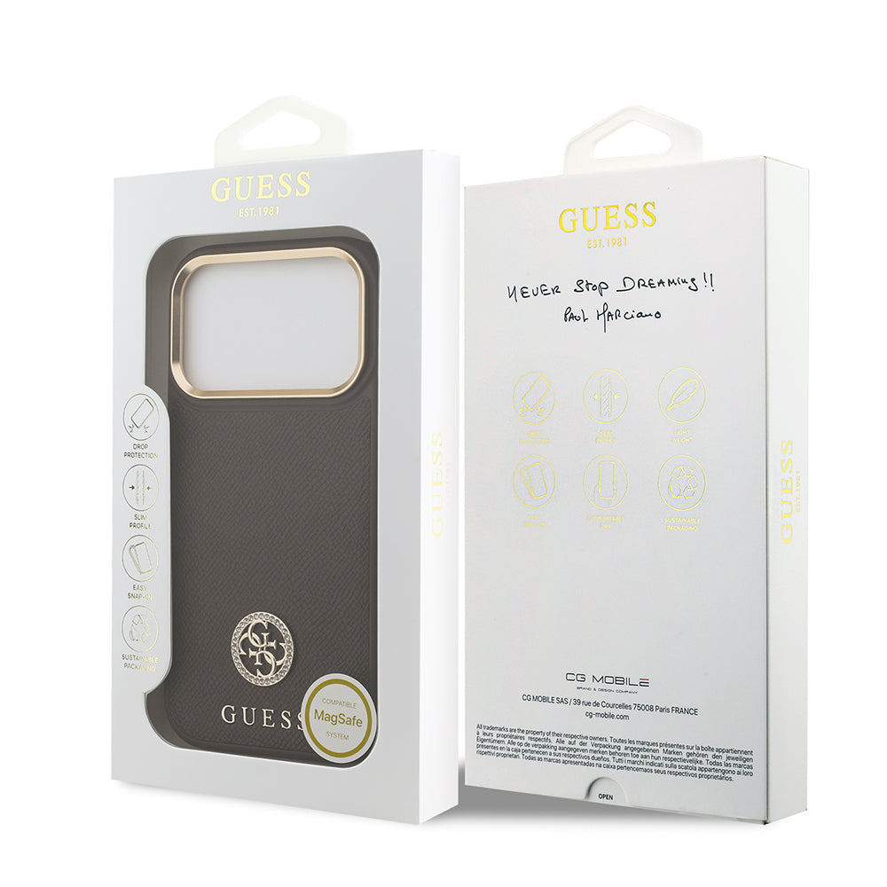 Guess iPhone 17 Pro Orjinal Lisanslı M-safe Şarj Özellikli Grained Yazı ve Taşlı 4G Logolu Kılıf Guess iPhone 17 Pro Orjinal Lisanslı M-safe Şarj Özellikli Grained Yazı ve Taşlı 4G Logolu Kılıf